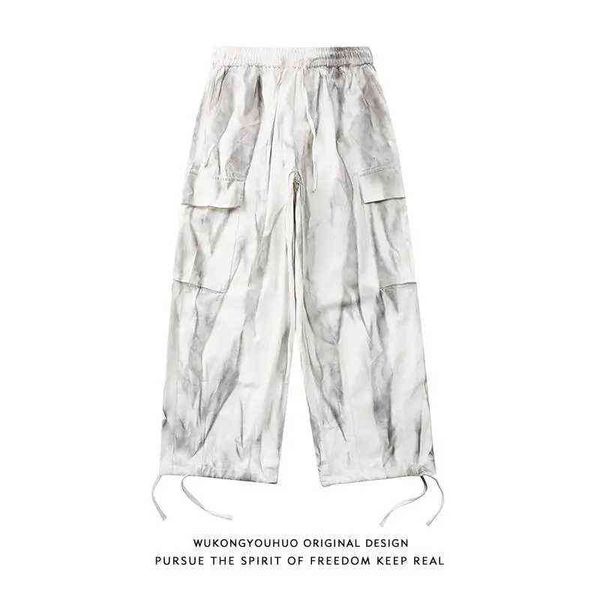 

cargo pants men summer new japanese harajuku tie-dye hip-hop loose straight vintage wide-leg drawstring trousers male streetwear g220507, Black
