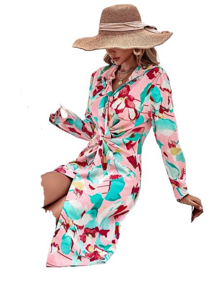 

allover print twist front shirt dress z4ry#, Black;gray