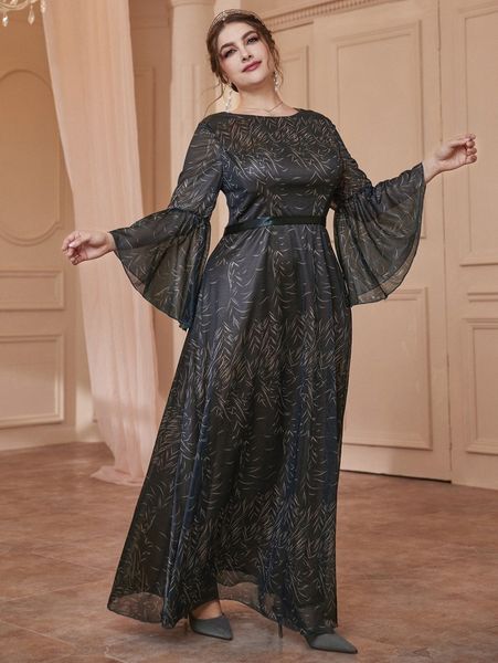 

plus graphic print flounce sleeve maxi formal dress z001#, Black