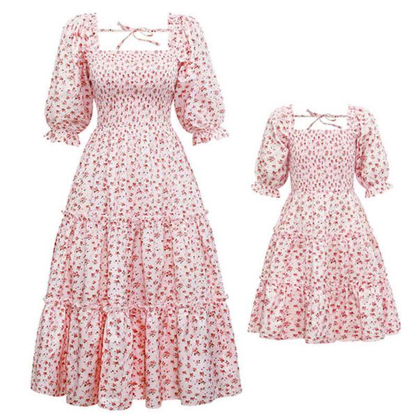 Mutter Tochter Kleid Floral Bedruckte Familie Passenden Kleider Quadratischen Kragen Kleider 2022 Sommer Mama und Mich Kleidung AA220326