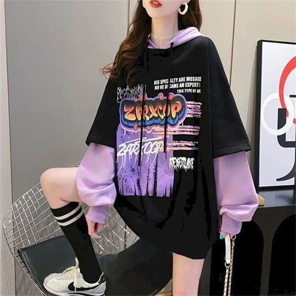 

korean version of loose fake twopiece sweatshirt women hooded autumn midlength student allmatch jacket trend 210816, Black