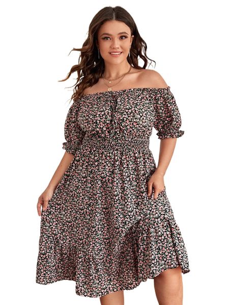 

plus ditsy floral print off shoulder shirred waist dress 07ov#, Black