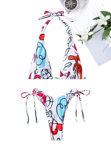 

abstract pattern halter bikini swimsuit h98g#, White;black