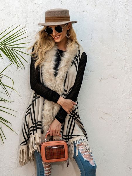 

plaid pattern fuzzy trim fringe hem cardigan a2fo#, White;black