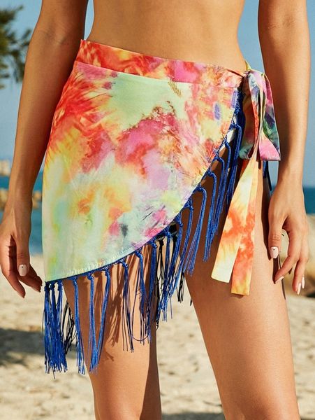 

tie dye fringe trim cover up skirt d4lr#, White;black