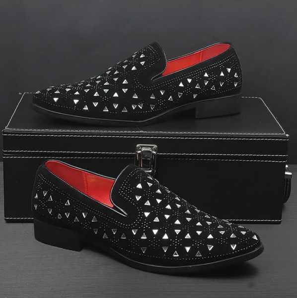 

men loafers dress men shoes italian rhinestones slip on dress male footwear shiny flats wedding oxford shoes for men size: eu39-44, Black