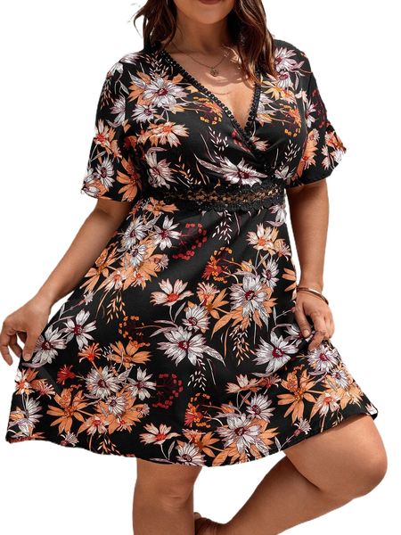 

plus floral print guipure lace insert a-line dress 85cu#, Black
