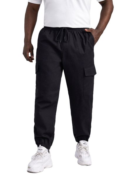 

extended sizes men flapÂ pocket side drawstringÂ waist cargo pants a4fk#, Black