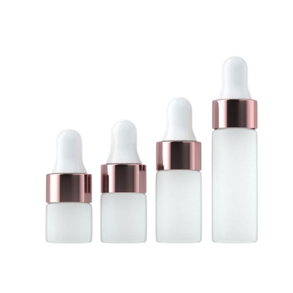 Campione di vetro smerigliato vuoto Bottiglia riutilizzabile Fiale contagocce di olio essenziale Anello in oro rosa Top in gomma bianca Contenitore per imballaggio cosmetico 1ml 2ml 3ml 5ml