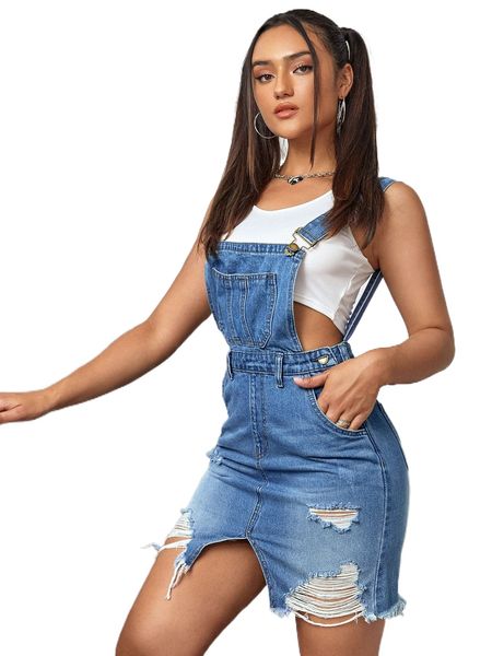 

ripped raw hem overall denim dress without tank 29jd#, Black;gray
