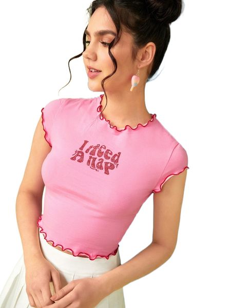 

x abbicreates studio rhinestone slogan graphic lettuce trim tee 85j8#, White