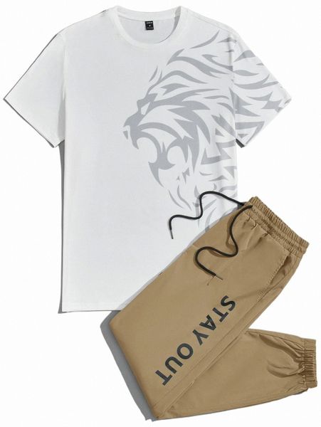 

men lion print tee & letter graphic drawstring waist pants set 32yd#, Gray