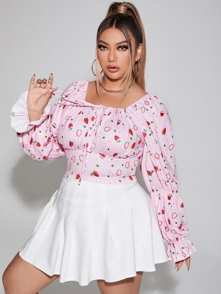 

plus strawberry print gathered sleeve tie front blouse w2ee#, Black