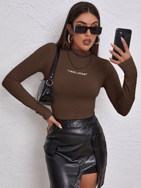 

mock neck letter embroidered rib-knit tee 97or#, White