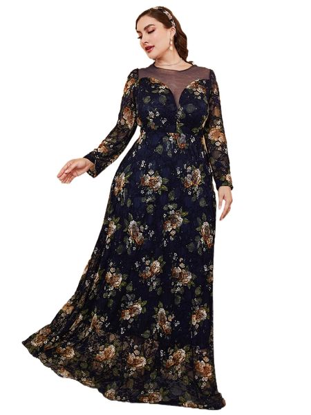 

plus mesh insert floral embroidery lace maxi dress k6ib#, Black