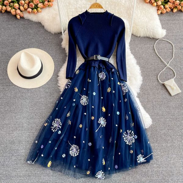 

woman dress ladies temperament mid-length vestidos mujer embroidery floral gauze patchwork knit dresses 2022, Black;gray