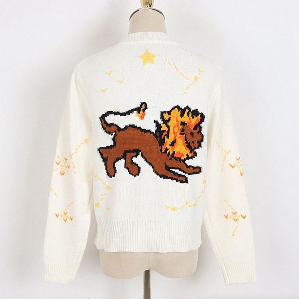 

back lion jacquard sweater women autumn winter designer long sleeve o collar pullover femme casual pentagram embroidery w263, White;black