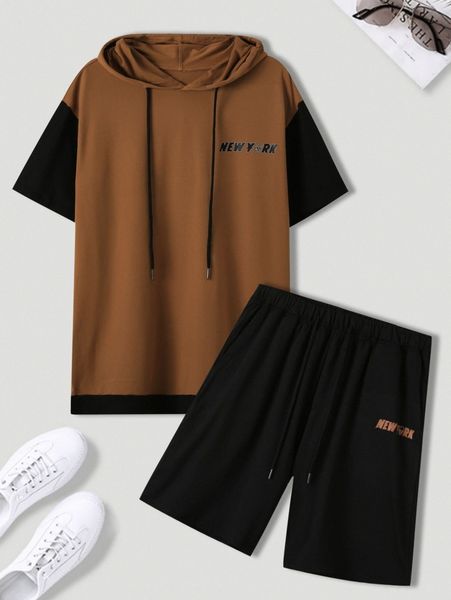 

men letter graphic colorblock drawstring hooded tee & shorts a2n0#, Gray
