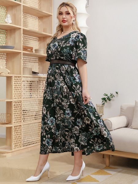 

plus floral print guipure lace insert butterfly sleeve dress k66f#, Black