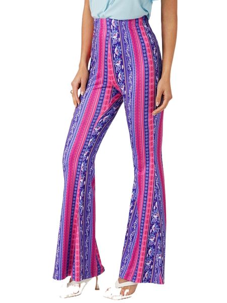 

geo & floral print flare leg pants w7p8#, Black;white