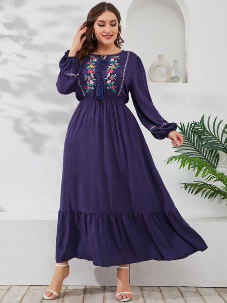 

plus floral embroidered lantern sleeve tie neck ruffle hem dress without belt f66s#, Black
