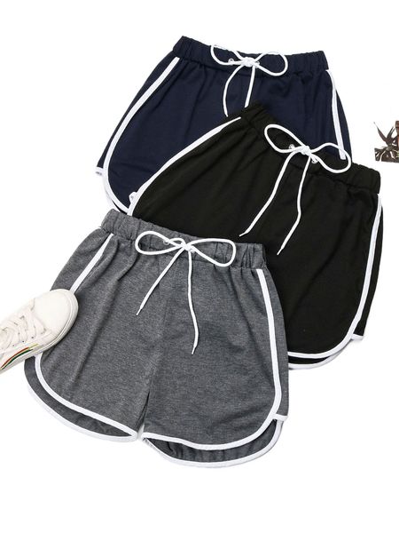 

3pcs drawstring waist contrast binding track shorts e1ce#, White;black