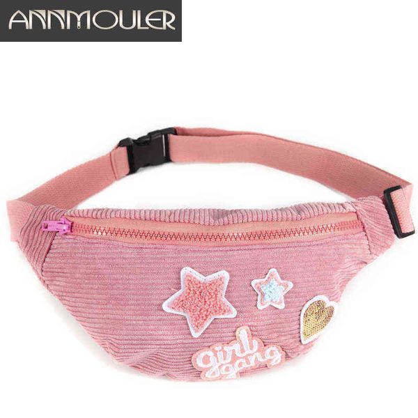 

annmouler women waist bag pink patchwork chest girls fanny pack sweet star corduroy phone pouch belt gifts 220531