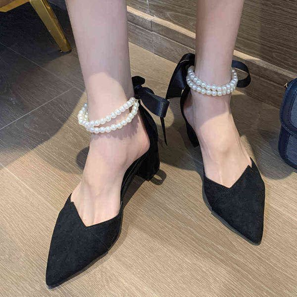 

women dress shoes rimocy luxe pearl strap vierkante hakken pumps vrouwen mode wees teen party schoenen vrouw flock lace up ondiepe dames 220, Black