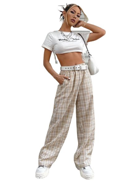 

high waist plaid wide leg pants without belt k00j#, Black;white
