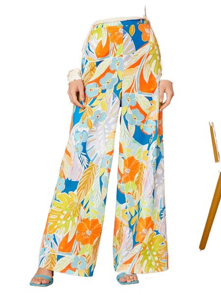 

high waist tropical print wide leg pants r5ds#, Black;white