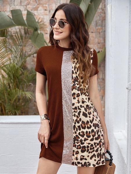 

contrast sequin and leopard panel tee dress 02pn#, Black;gray