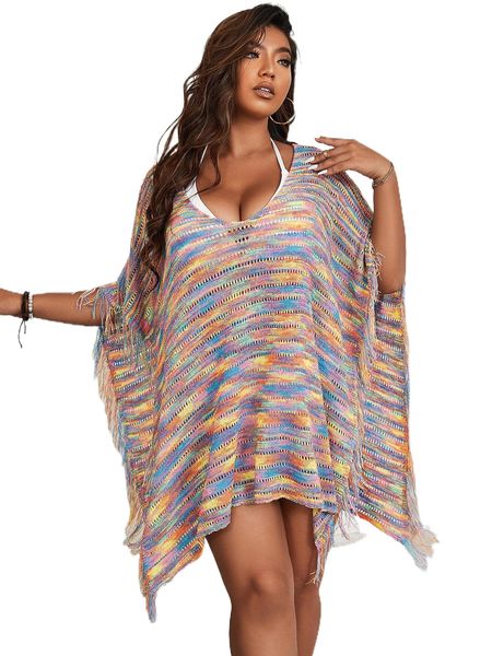 

plus space dye fringe trim batwing sleeve cover up dress without bikini j50r#, Black