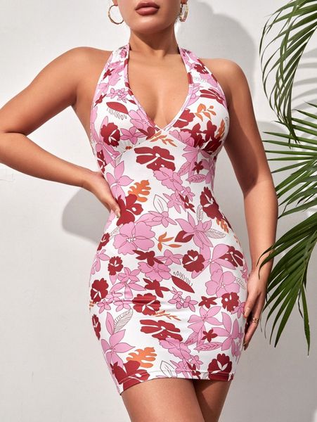 

petite floral print tie backless halter dress w1of#, Black;gray