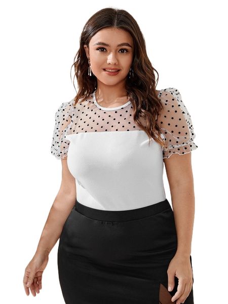 

plus contrast dobby mesh puff sleeve tee i3mu#, Black