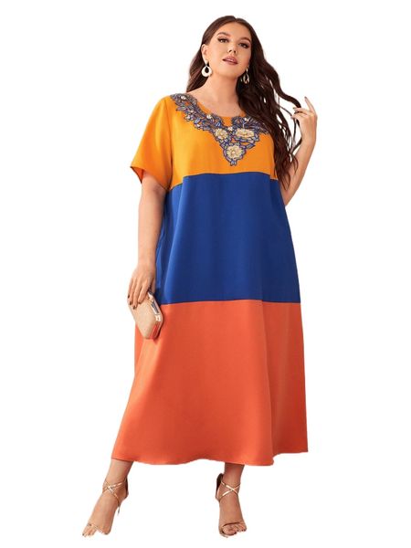 

plus color block appliques pearls dress w89i#, Black