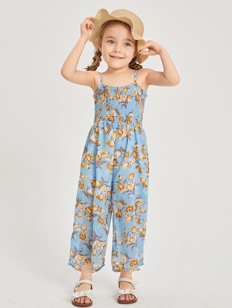 

toddler girls floral print shirred cami jumpsuit she, Blue