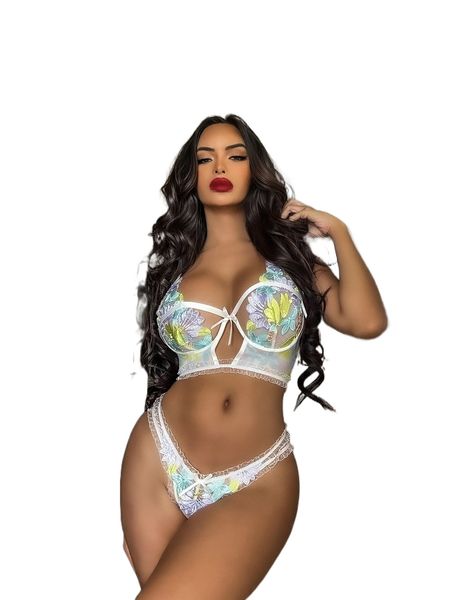 

floral embroidery cut out bow front lingerie set 769c#, Black;red