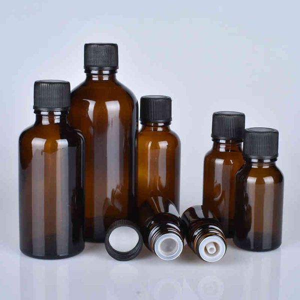 

10pc 100ml 50m 30ml 20ml 15ml 10ml 5ml 1/3oz 1oz thick amber essential oil glass bottles with black cap glass containers y220428