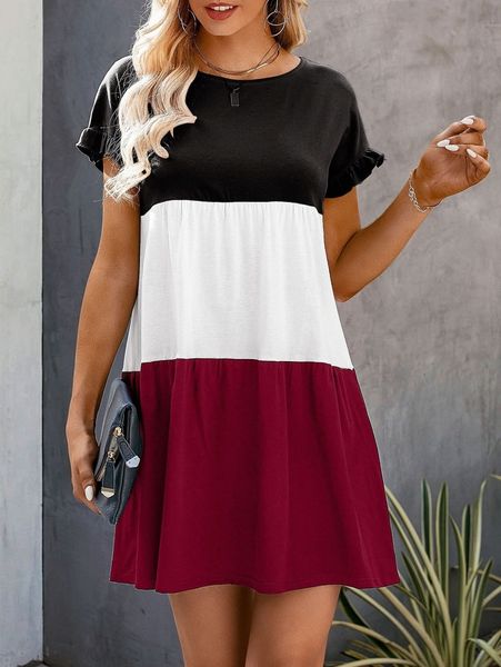 

color block flounce cuff smock dress y5v4#, Black;gray