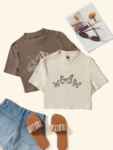 

2pcs mountain & butterfly print crop tee t3xa#, White