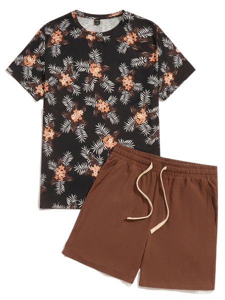 

men tropical print tee & drawstring waist shorts h0tn#, Gray