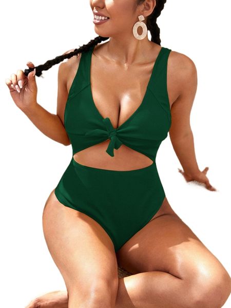 

plus ribbed cut-out knot front one piece swimsuit m7zr#, White;black