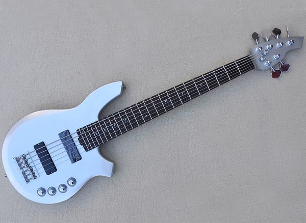 6-saitige silberne E-Bassgitarre aus Metall mit Palisandergriffbrett
