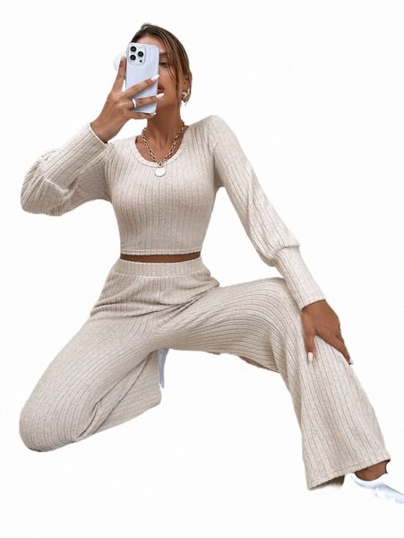 

solid v neck crop tee & pants q21t#, White