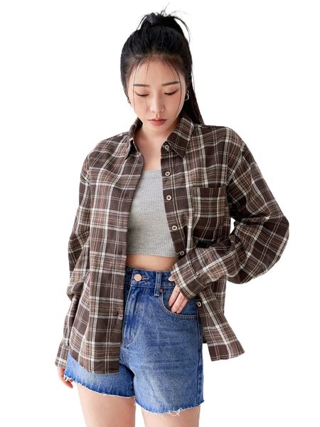 

dazy plaid print pocket front blouse u7jx#, White