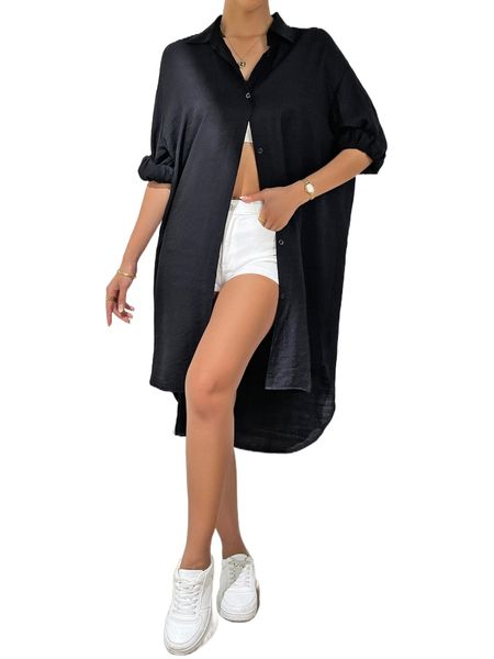 

drop shoulder curved hem coat k7po#, Black