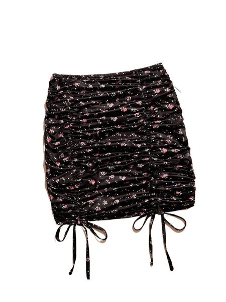 

romwe floral drawstring ruched skirt c5kb#, Black