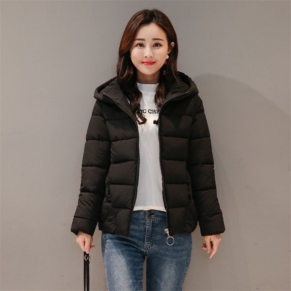 

winter hooded short jacket women plus size solid women's parkas stand collar loose cotton padded casual thick coat ladies 201125, Black