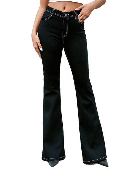 

contrast stitch flare leg jeans t1oo#, Blue
