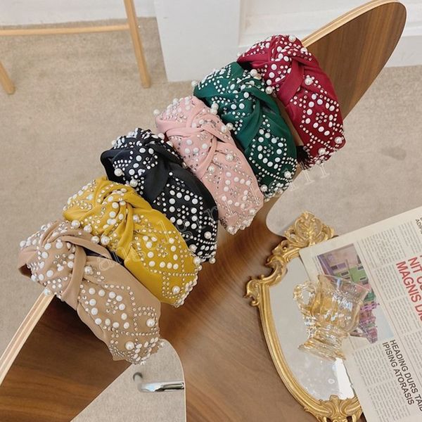 

fashion women hair accessories wide side pearl rhinestone headband knot femme headwear hair hoop, Slivery;white